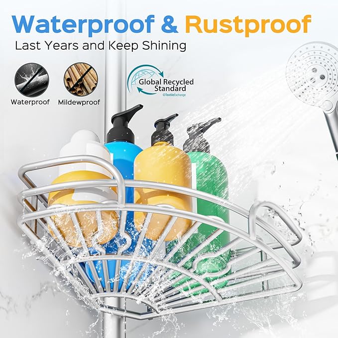 HAMITOR Shower Caddy Corner Tension Pole: 4-Tier Large Capacity Bathroom Organizer Shelves - Waterproof No-Drill Adjustable 47-123 inch Storage for Renters, Home Bathtub Stand Rack, Silver Gray