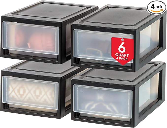 IRIS USA 4-Pack, 6 Qt. Small Stacking Drawer Storage Organizer, Black | Keep craft supplies, accessories, office items, and small essentials organized around your home for easy everyday storage
