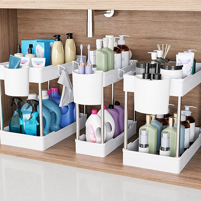 3 Pack Under Sink Organizer Bathroom and Storage Cabinet (White) | 2 Tier with Hanging Cups for Kitchen