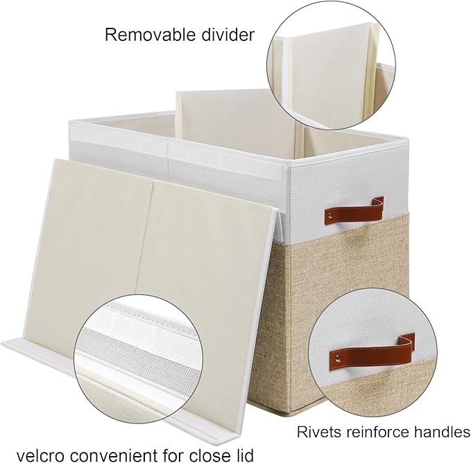 Large Toy Storage Box with Lid, Toy Chest Bin Boxes Basket with Dividers | Sturdy Toy Organizer Bin for Kids, Boys, Girls, Nursery, Living Room, Bedroom, Playroom 25"x13" x16" (Beige and White)