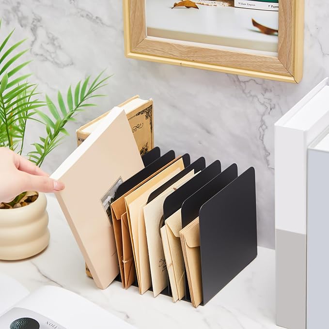 Suzile Metal Desktop File Organizer, 7 Compartments, Vertical File Sorter, Black, 5.79 W x 7.09 L x 5.41 H, Office, Reception Areas, Workspace