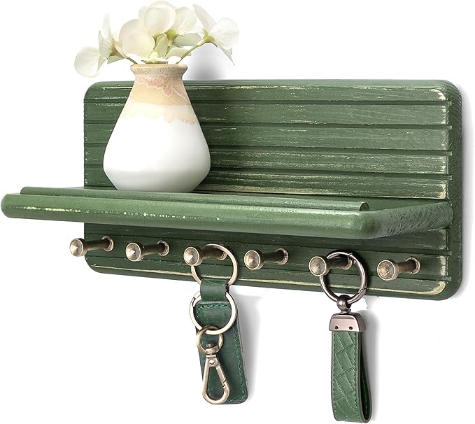 Rebee Vision Key Holder Wall Mount with 6 Key Hooks for Room Decor, Green | Pine Wood, 6 Key Hooks, Key Holder for Wall, Floating Shelf, Mail Organizer, Apartment Essential for Room Improvement