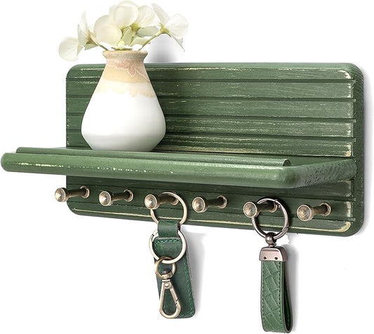 Rebee Vision Key Holder Wall Mount with 6 Key Hooks for Room Decor, Green | Pine Wood, 6 Key Hooks, Key Holder for Wall, Floating Shelf, Mail Organizer, Apartment Essential for Room Improvement