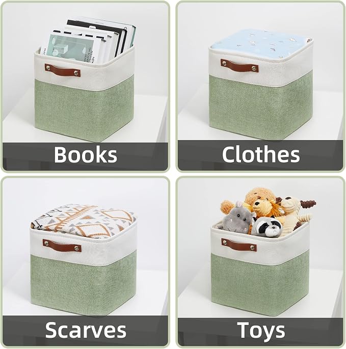 DULLEMELO Storage Baskets for Organizing, Fabric Storage Cubes for Box, 11 Inch Decorative Cube Storage Bins with handle for Gift Basket(4 Pack - 11" White&Green)