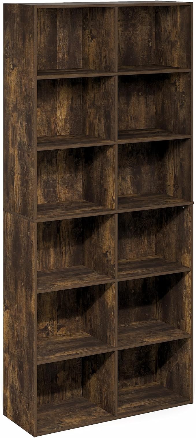 Furinno Basic Book Shelf, 12-Cube Bookshelf, Bookcase with Open Shelf, Cube Storage Organizer, 12 x 32 x 71, for Living Room, Home Office, Amber Pine