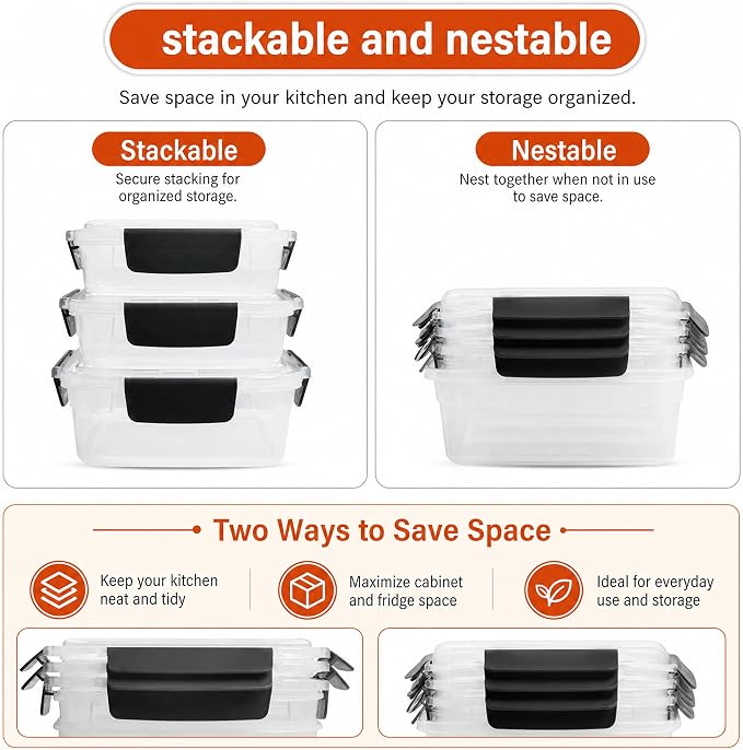YORY 3cup Plastic Food Storage Containers With Lids For Portion Control,5pk | BPA free,Stackable and Nestable,Snaplock Lid ,Freezer Dishwasher Microwave Safe