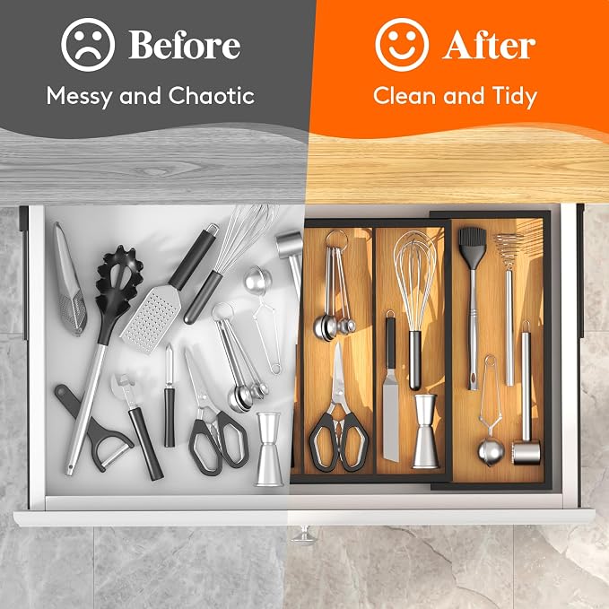 Lifewit Utensil Organizer for Kitchen Drawer, Expandable Cooking Utensil Tray, Cutlery Silverware Flatware Holder, Wood Adjustable Spatula Tools Storage Divider, 33 -56x38cm, Natural and Black