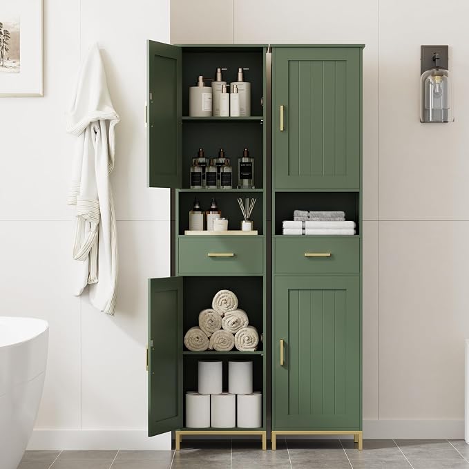 Homhedy 67" H Bathroom Storage Cabinet, Tall Bathroom Cabinet, Green | Narrow Cabinet with Doors and Drawer, Adjustable Shelves, Floor Cabinet for Bathroom, Living Room, Kitchen, Dining Room