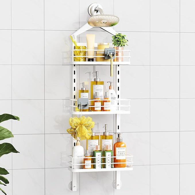 ODesign 3 Tier Adjustable Shower Caddy Hanging Over Head Anti-Swing White | Shower organizer hanging,no drilling required,comes with removable hook and storage box, suitable for indoor showers