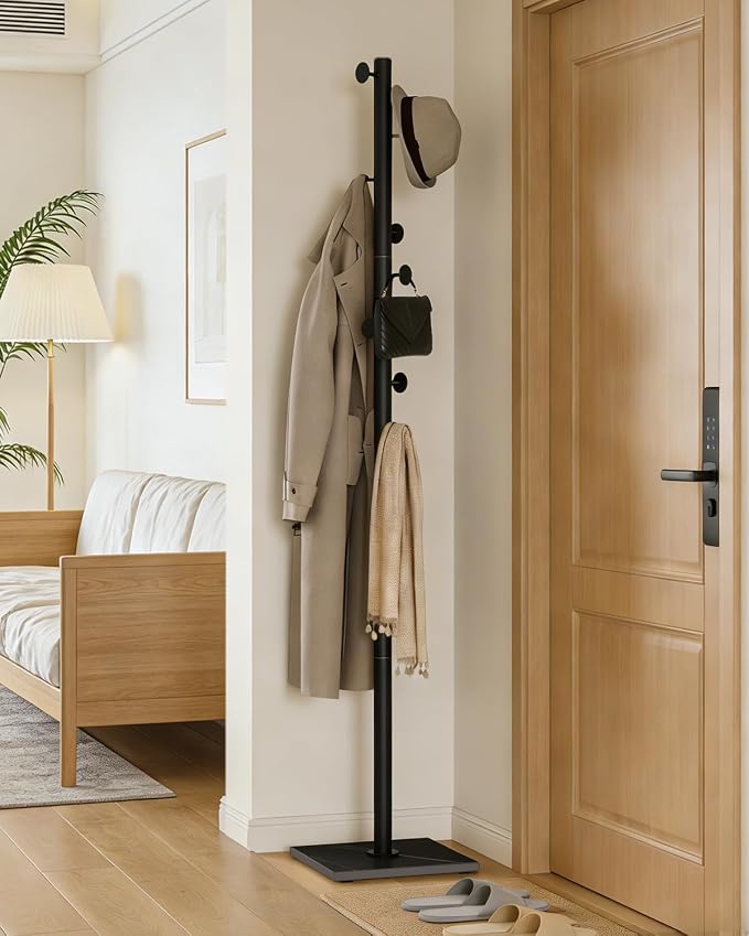 Clothes Rack Freestanding, Coat Tree with 8 Hooks, Black | Small Standing Cloth Hanger with Heavy Rock Slab Base, Modern Metal Garment Rack with 8 Hooks for Bedroom, Office