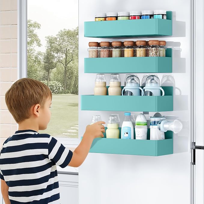 Mystozer Magnetic Spice Rack for Refrigerator, Kitchen Organizer and Storage Shelf, Blue(2 Pack)