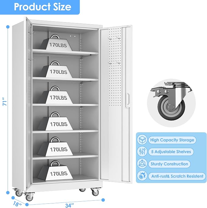 Aobabo Upgraded Garage Storage Cabinets with Wheels,Metal Storage Cabinets with 5 Adjustable Shelves for Garage Home Office Storage,White,71''H*34''W*18''D,Assembly Required