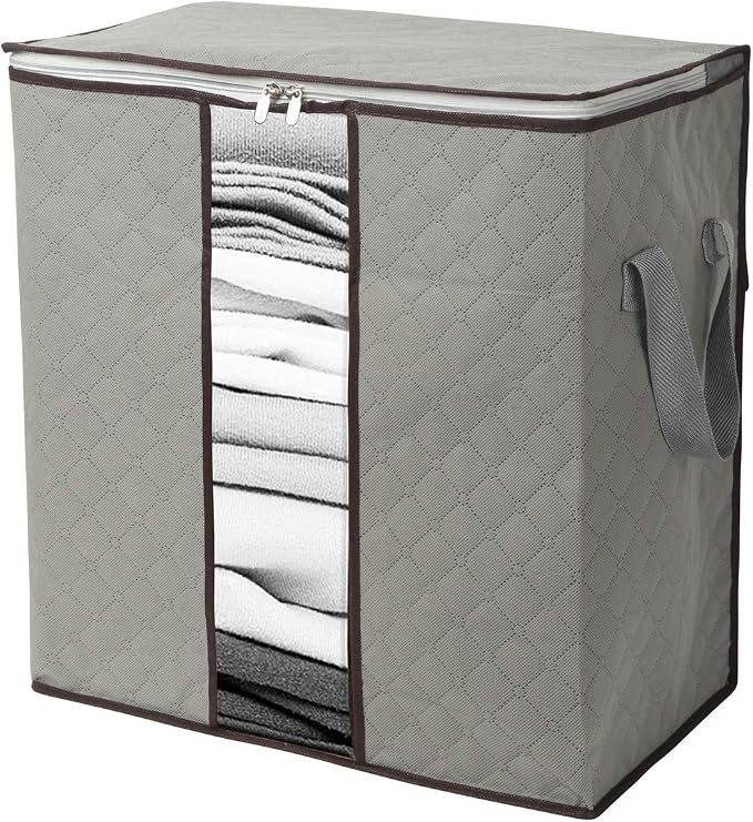 Szxc 2 Pack Foldable Large Storage Bags - Horizontal + Erect for Comforter Blanket Quilt Clothes Pillow, Clear Window & Handles, Closet Under Bed Organizer
