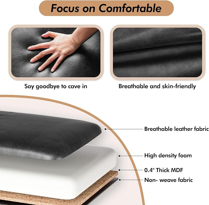ZZW Storage Ottoman Bench, 51" Length Upholstered End of Bed Storage Bench for Bedroom with Safety Hinge, Tufted Bed Benches with Rolled Arm and Nailhead Trim for Living Room, Entryway Black
