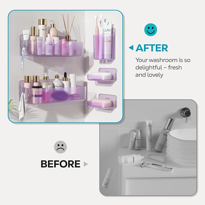 Nieifi Adhesive Shower Shelves, Purple, 5 Pieces | Rustproof ABS, Large Capacity, Removable Design, Easy-Clean, No Drilling Shower Organizer for Bathroom Storage & Home Decor