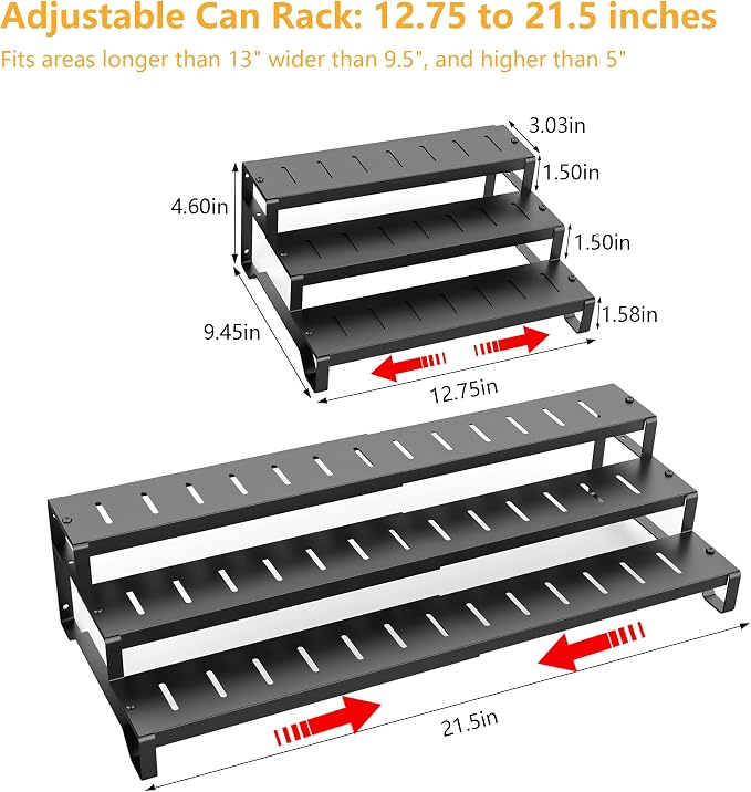 Expandable Can Organizer for Pantry, 3 Tier Metal Canned Food Storage | 13"-21" Adjustable Length, Tiered Reversible Shelf Design, Large-Capacity Storage for Pantry Kitchen Cabinets & Countertops