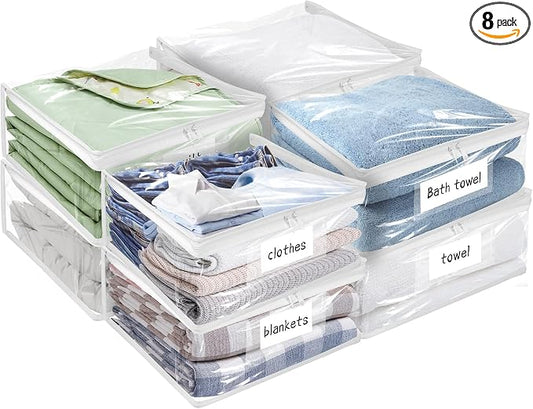 Kikerike Plastic Storage Bags with Easy-Glide Zipper, Pack of 8, Durable Clear Vinyl Zippered Storage Bags for Clothes Sweaters Comforters Blankets Sheets Bedding (15 x 12 x 5 Inch, White)