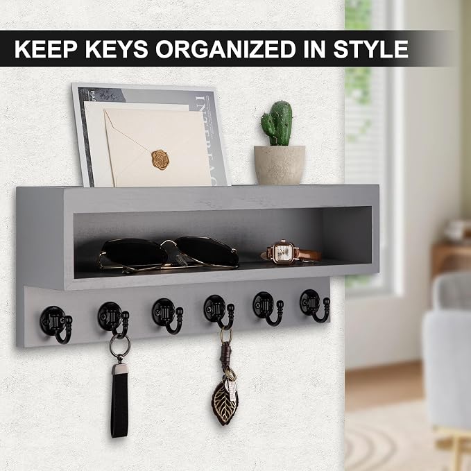 Key and Mail Holder Wall Mount, Key Hanger with Long Storage Box and 6 Hooks for Coat, Dog Leash, Home Decor Rack, House Accessories, Entry Way Organizer