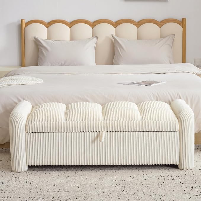 Oversized Corduroy Ottoman Bench with Storage, Upholstered End of Bed Bench for Bedroom, Ottoman Foot Rest for Living Room, Beige