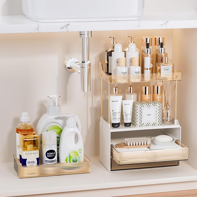 Delamu 5-Tier Makeup Organizer, Bathroom Counter Storage, 2 Drawers, Amber | Elegant Vanity Organizer Gift for Women, Holds Perfume, Skincare, Nail Polish & Hair Accessories for Bathroom Countertop