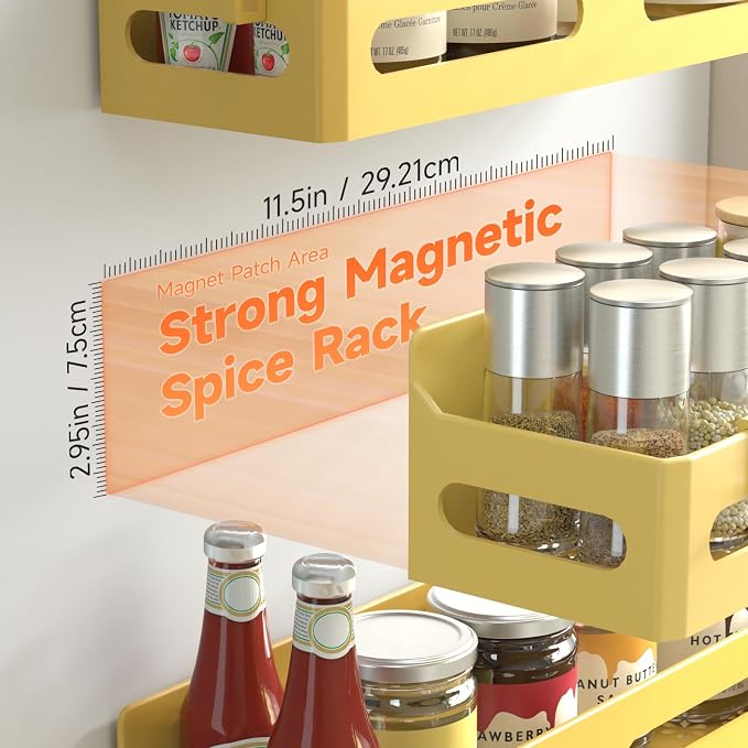 Sevenblue 4-Pack Magnetic Spice Rack for Refrigerator with Hooks, Yellow | Strong multipurpose magnetic shelf for kitchen & bathroom organization. Includes 4 removable hooks for hanging items.