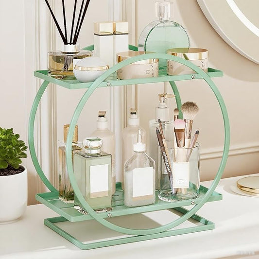 Perfume Organizer for Dresser, 2-Tier Bathroom Counter Organizer | Round Perfume Holder, Makeup Organizer for Vanity, Green Bathroom Organizer Countertop Shelf, Perfume Tray Skincare Storage
