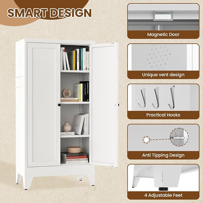 Metal Pantry Cabinet, 47" Kitchen Pantry Cabinet with 2 Doors and 3 Adjustable Shelves, White Steel Storage Cupboard for Dining, Office, Living Room, Bathroom