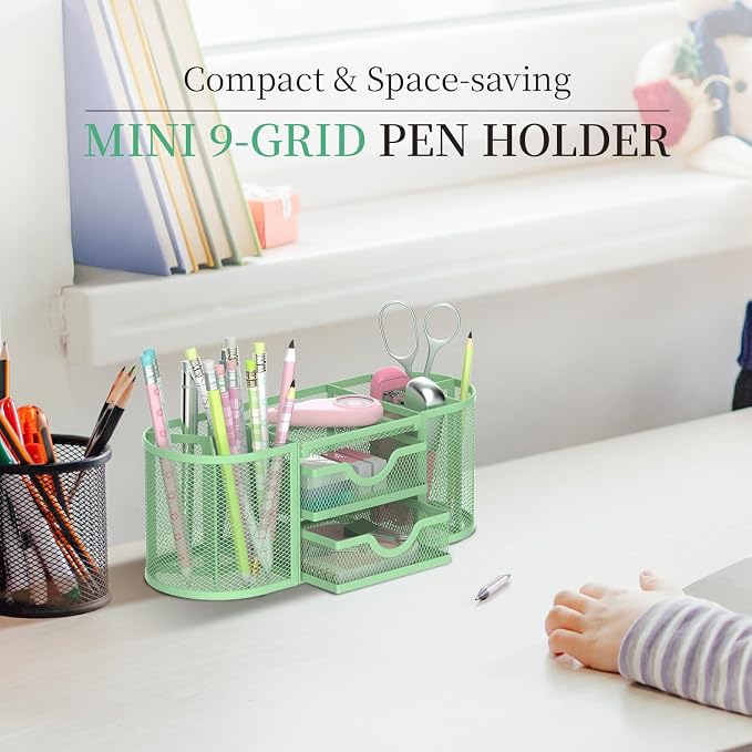 SUPEASY Mesh Desk Organizer, Desk Organizers and Accessories, Pen Holder with Drawers, Pencil Holder for Desk with 2 Drawer for Office Supplies, Mint Green