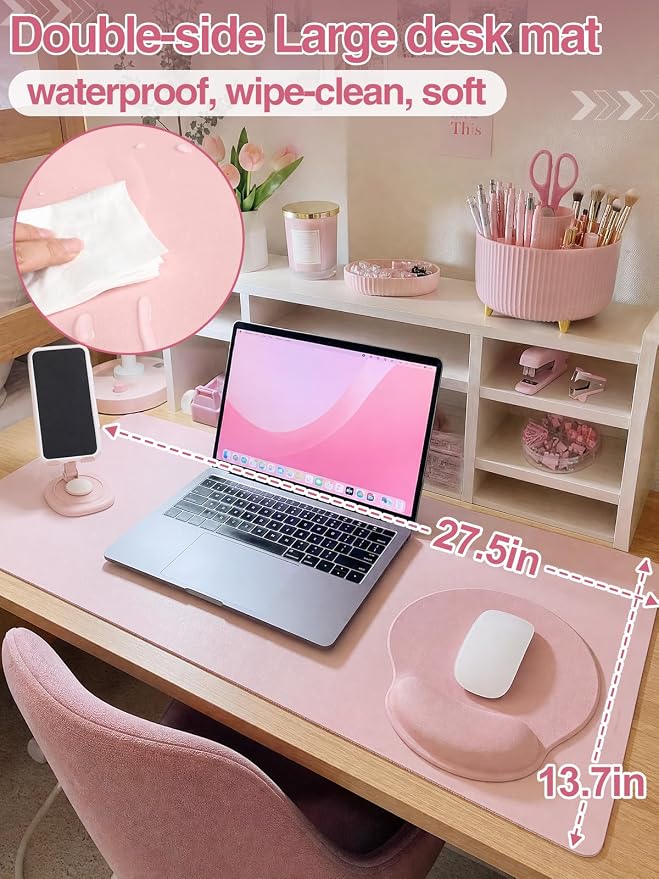76Pcs Pink Desk Accessories Set, Office School Supplies for Women Girls | Cute 360° Rotating Pen Holder for Desk/Mat/Wrist Rest Mouse Pad/Phone Stand and More, for College Teacher Back to School
