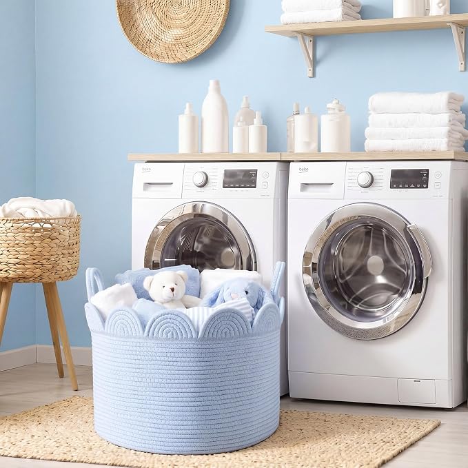 LemonRoad Blue Round Basket Large Blanket Basket 16" x 14" Scalloped Woven Baskets Cotton Storage Baskets for Nursery Classroom Closet Blankets Storage Home Decor