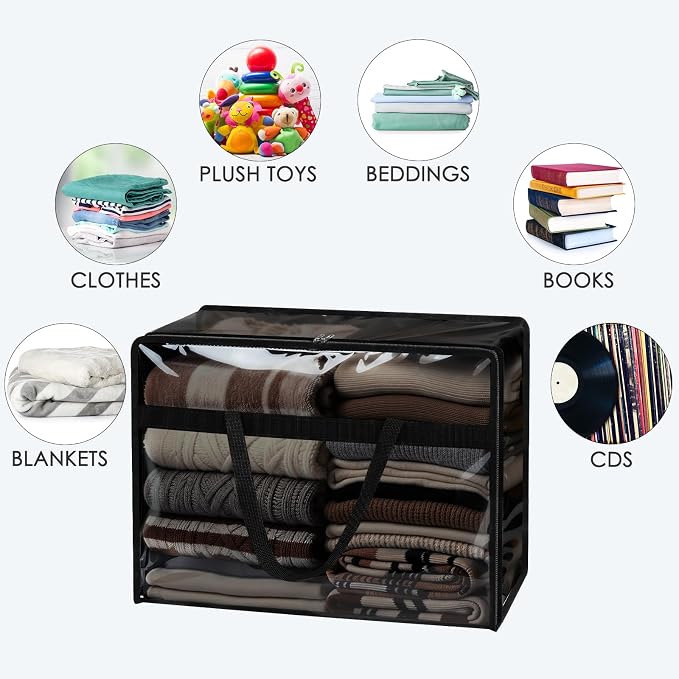 Blanket Storage Bags 4 Pack 60L Clothes Comforter Bedding Container Black | Clear Plastic Vinyl, Reinforced Handles, Zippered Closure, for Clothes Comforters Bedding and Moving