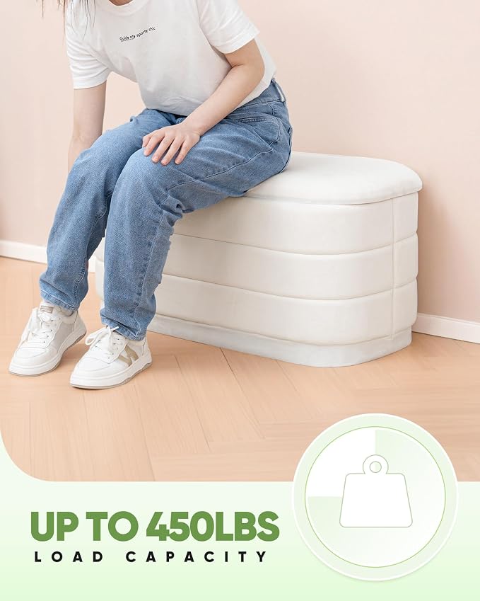 B FSOBEIIALEO Velvet Storage Ottoman with Tray, Folding Ottoman with Storage Coffee Table Shoes Bench for Dorm Room, Living Room White, 30"x15"x15"