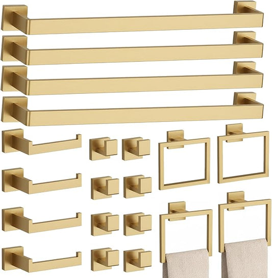 20-Piece Brushed Gold Bathroom Accessories Set – 23.6" Towel Bar, Towel Ring, Toilet Paper Holder & Hooks, Wall Mounted Bathroom Hardware, Rust & Corrosion-Resistant, Ideal for Modern Bathrooms