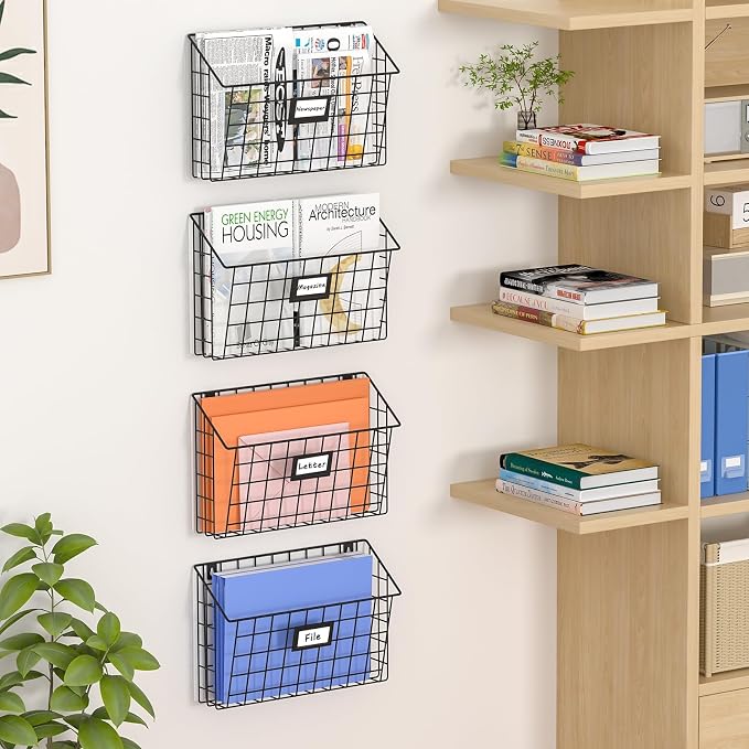 X-cosrack 4-Tier Hanging Wall File Holder Vertical Wall Mount Metal Wall File Organizer with Tag Slot Document Magazine Rack Mail Organizer for Office Home, Black