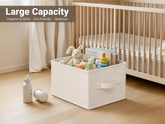 LayerSpace 3 Pack Fabric Storage Bins for Shelves | 16.25x12x10in Closet | Collapsible Bins for Organization | Linen Clothes Storage Bins | White & Ivory | Thickened Rigid PP Panels, Cotton-linen Shelf Baskets, Measure 16.25"L x 12"W x 10"H for Clothes...