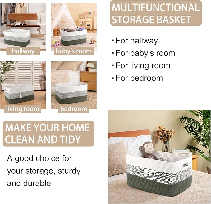 OIAHOMY Large Blanket Basket, 22”x17”x12” Rectangle Woven Baskets, Nursery Blanket Storage Living Room, Toy Storage With Handle, Large Baskets for Organizing-Green/White