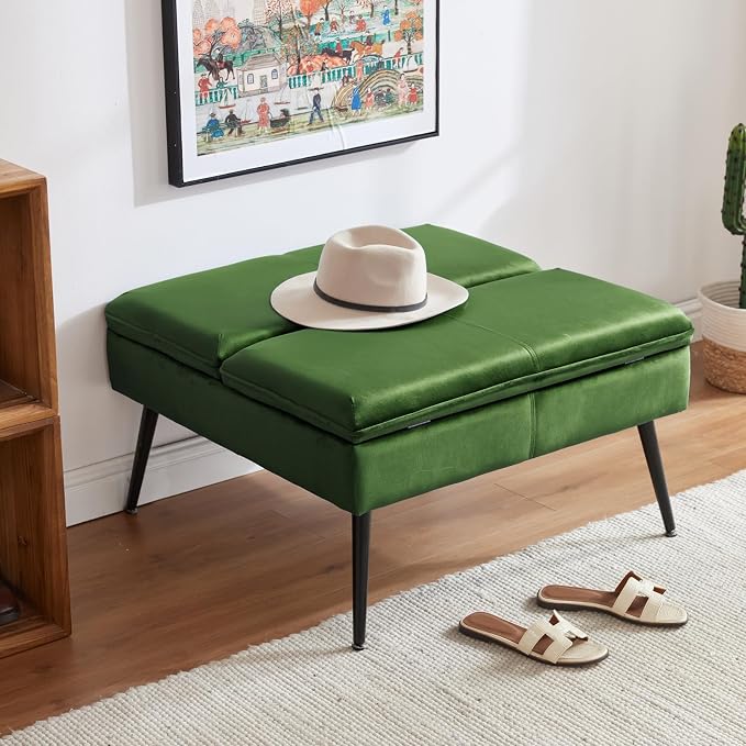 Square Ottoman with Storage Coffee Table Large Upholstered Green | Mid-Century Modern Ottoman w/ Double Flip-Lid Metal Legs Padded Seat for Living Room Bedroom, Velvet, Loads 660 lbs