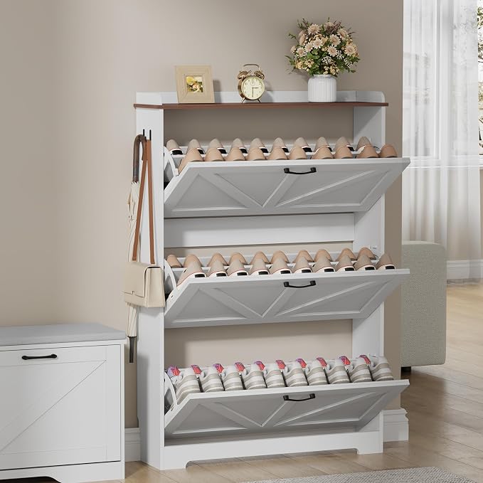Farmhouse Shoe Cabinet Organizer with 3 Flip Drawers, 31.5" W White | Freestanding shoe cabinet with flip drawers ,space-saving storage for foyer hallway,Adjustable Shelves & 2 Hooks