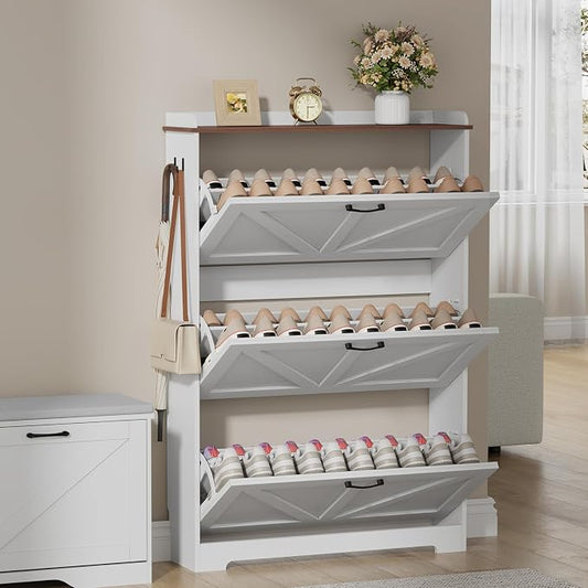 Farmhouse Shoe Cabinet Organizer with 3 Flip Drawers, 31.5" W White | Freestanding shoe cabinet with flip drawers ,space-saving storage for foyer hallway,Adjustable Shelves & 2 Hooks