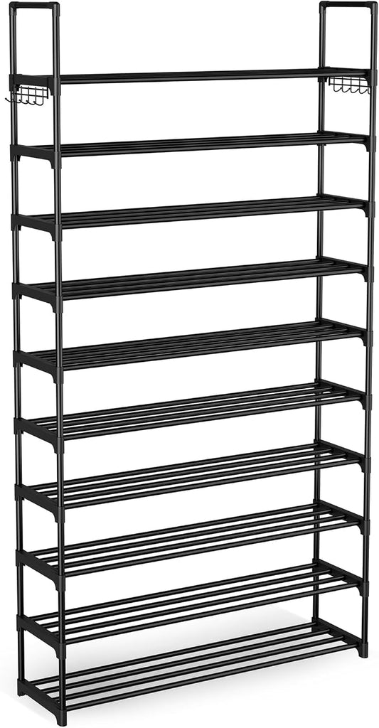 Shoe Rack for Entryway 10-Tiers Large Capacity Metal Shoe Rack Organizer with Two Hooks Holds 40-50 Pairs Shoes and Boots Free Standing Tall Shoe Shelf for Closet/Bedroom/Garage/Hallway Black