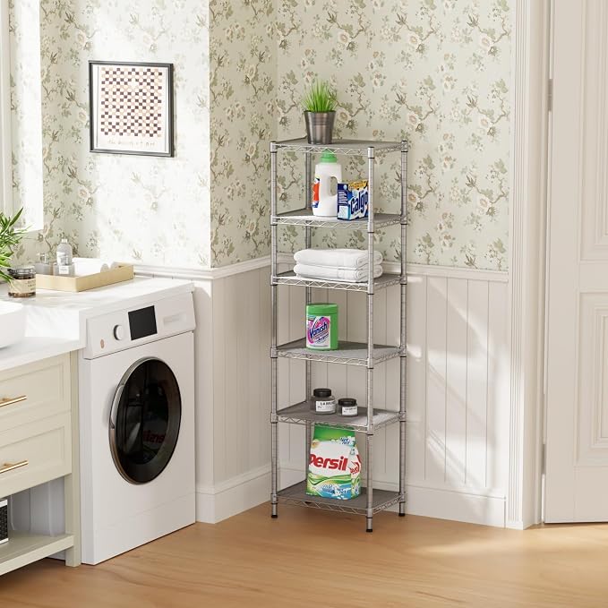 SINGAYE Metal Shelves Wire Shelving Storage Standing Adjustable Shelf Unit | 6 Tier Mesh Units Shelf for Kitchen Laundry Bathroom Closet Organizers Pantry Narrow Home Rack 10" D x 16" W x 63" H Gray