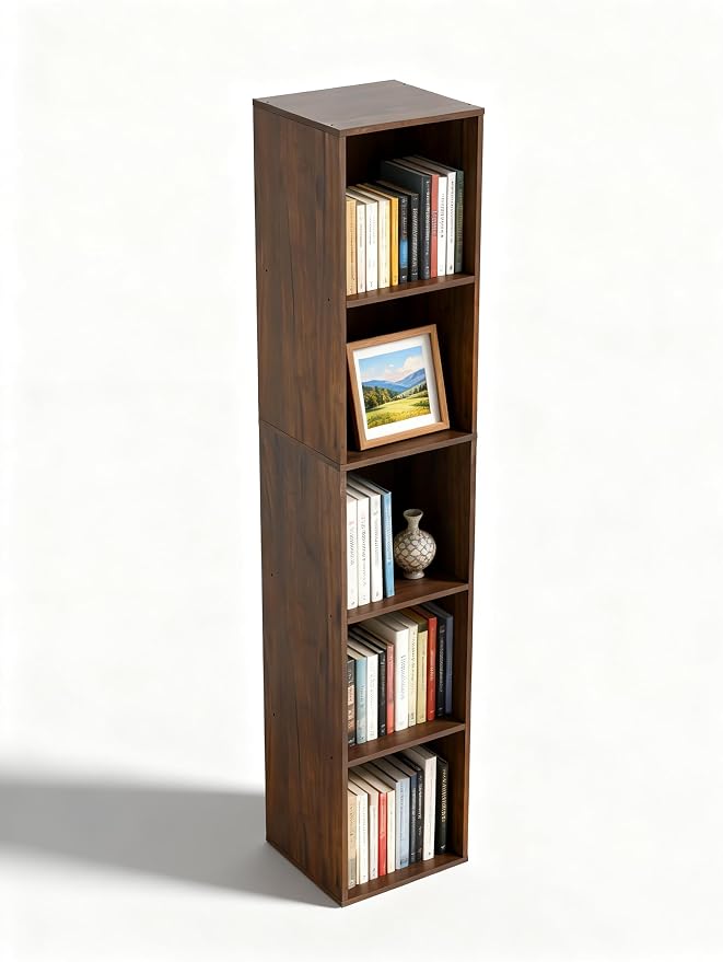 5 Cube Storage Organizer, Narrow Open Shelf Bookcase, Freestanding 5 Tier Low Display Bookshelf for Home Office, Living Room, Bedroom, Dark Brown & Black Walnut