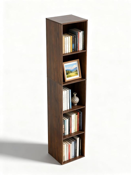 5 Cube Storage Organizer, Narrow Open Shelf Bookcase, Freestanding 5 Tier Low Display Bookshelf for Home Office, Living Room, Bedroom, Dark Brown & Black Walnut