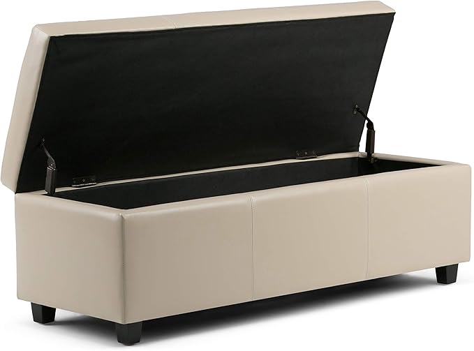 SIMPLIHOME Avalon Storage Ottoman Bench - 48" Wide x 16" High Upholstered Vegan Leather Rectangular Lift-Top Ottoman in Satin Cream, Contemporary Storage Bench for Living Room with High-Density Foam