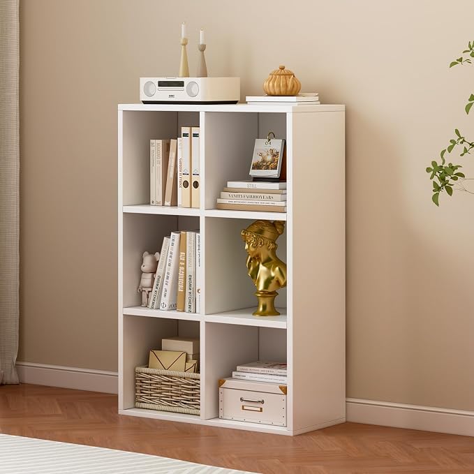 OSCHF 6-Cube Storage Shelf Bookcase, Warm White | Wooden 3-Tier Open Bookshelf, Fits 11×11" Bins, Vertical or Horizontal Use, Full Back Panels, For Home Office