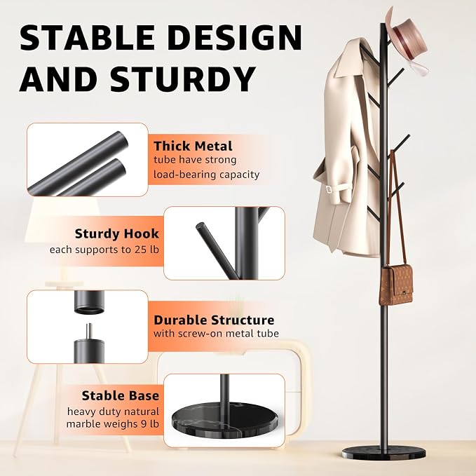 HzTinT Coat Rack with Natural Marble Base, Metal Freestanding Coat Rack with 8 Hooks, 3 Adjustable Size Sturdy Coat Tree for Bags, Coats, and Hats for Entryway, Hallway, Bedroom, Office, Black | 8 Metal Hooks, Holds Coats, Bags & Hats, For Entryway, Be...