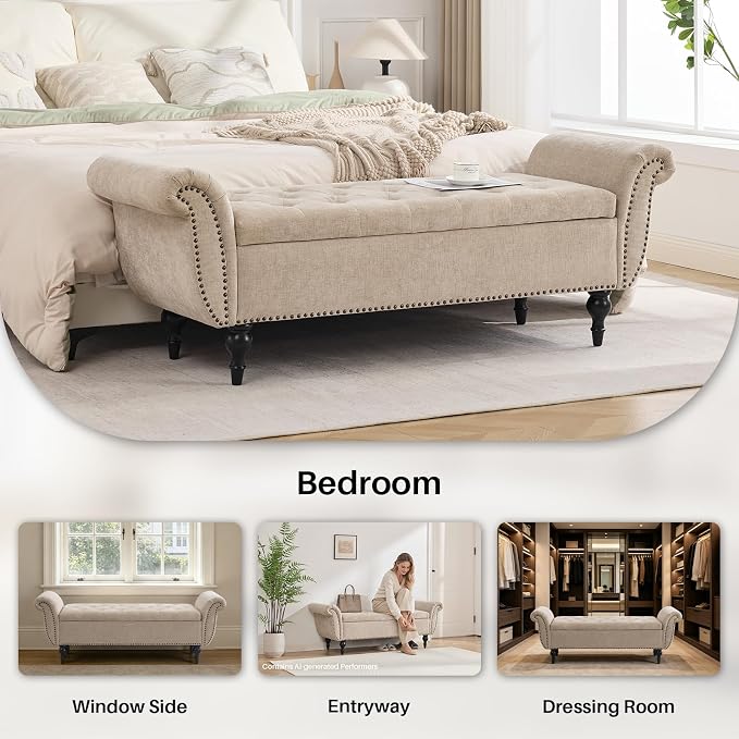 63.8" Storage Bench for Bedroom End of Bed Ottoman Chenille Light Brown | Ultra-soft Breathable Chenille Fabric Upholstered Ottoman Footrest with Rolled Arms for Bedroom Living Room Holds 700lb