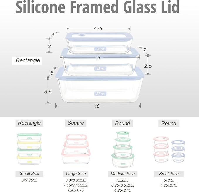 Glass Food Container Set with Silicone Glass Lid, 3 Pack, Airtight, LeakProof, 100% Plastic Free, Meal Prep Food Storage Containers