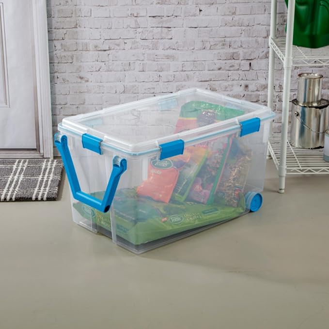 Sterilite Gasket Storage Box with Lids for Home & Office, 120 Quart, 3-Pack | Heavy-Duty, Stackable, and Organizing Containers for Bathroom, Cabinet, Closet, and Garage, Clear and Blue Aquarium Latches