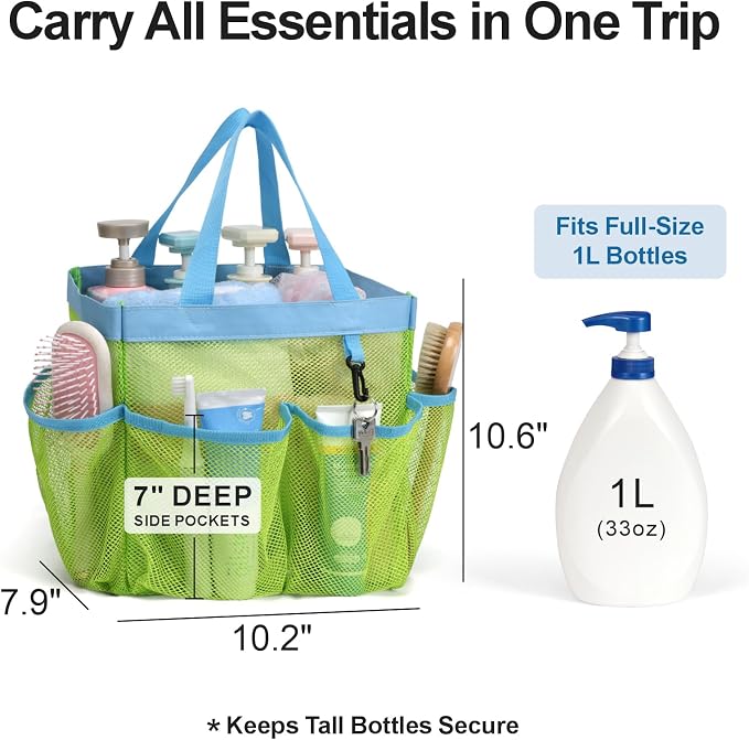 Mesh Shower Caddy Portable - 8 Pockets, S-Hook, Shower Bag for Dorm Camping | 2-Handle, Quick-Dry, Toiletry Organizer, College Dorm Room Essentials for Girls, Gym, Travel & Bathroom, Fluorescent Green